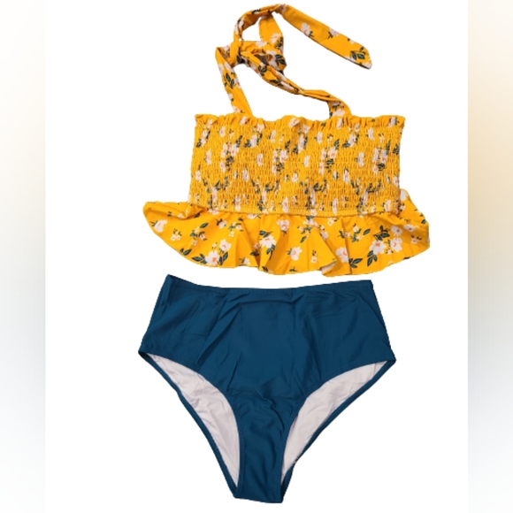 Womens High Waisted Peplum Halter Tankini Ruffle Floral Print Teen Modest Bikini - Picture 5 of 6